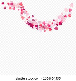 Herzliebe, Vektorhintergrund. Valentinrahmen. Rosa Herzen Konfetti. Gesenkte Liebessymbole. Zufällig fallende Herzform auf transparentem Hintergrund. Schöne Einladung, Grußkartenillustration.