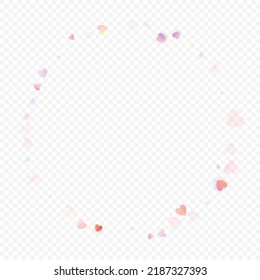 Herzliebe, Vektorhintergrund. Valentinrahmen. Rosa Herzen Konfetti. Gesenkte Liebessymbole. Zufällig fallende Herzform auf transparentem Hintergrund. Schöne Einladung, Grußkartenillustration.
