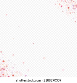 Heart love vector background. Valentine frame. Pink hearts confetti. Scattered love symbols. Random falling heart shape on transparent background. Beautiful Invitation, Greeting Card Illustration.