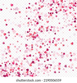 Heart love vector background. Valentine frame. Pink hearts confetti. Scattered love symbols. Random falling heart shape on transparent background. Beautiful Invitation, Greeting Card Illustration.