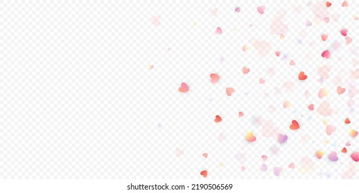 Heart love vector background. Valentine frame. Pink hearts confetti. Scattered love symbols. Random falling heart shape on transparent background. Beautiful Invitation, Greeting Card Illustration.