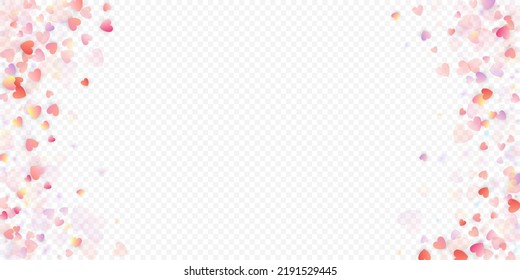 Heart love vector background. Valentine frame. Pink hearts confetti. Scattered love symbols. Random falling heart shape on transparent background. Beautiful Invitation, Greeting Card Illustration.