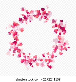 Heart love vector background. Valentine frame. Pink hearts confetti. Scattered love symbols. Random falling heart shape on transparent background. Beautiful Invitation, Greeting Card Illustration.