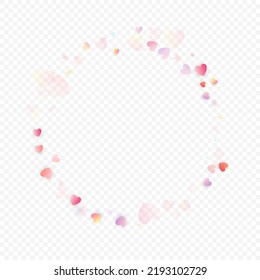 Heart love vector background. Valentine frame. Pink hearts confetti. Scattered love symbols. Random falling heart shape on transparent background. Beautiful Invitation, Greeting Card Illustration.