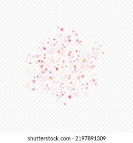 Heart love vector background. Valentine frame. Pink hearts confetti. Scattered love symbols. Random falling heart shape on transparent background. Beautiful Invitation, Greeting Card Illustration.