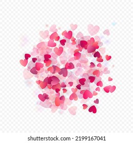 Heart love vector background. Valentine frame. Pink hearts confetti. Scattered love symbols. Random falling heart shape on transparent background. Beautiful Invitation, Greeting Card Illustration.