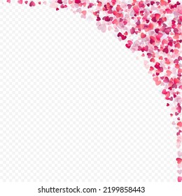 Heart love vector background. Valentine frame. Pink hearts confetti. Scattered love symbols. Random falling heart shape on transparent background. Beautiful Invitation, Greeting Card Illustration.