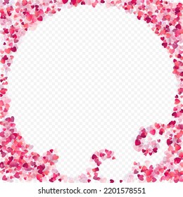 Fondo vectorial de amor cardíaco. Marco de San Valentín. Confeti de corazones rosados. Símbolos de amor dispersos. Forma cardíaca al azar sobre fondo transparente. Hermosa Invitación, Ilustración De Tarjeta De Saludo.