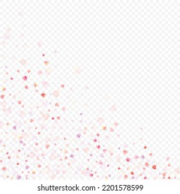 Heart love vector background. Valentine frame. Pink hearts confetti. Scattered love symbols. Random falling heart shape on transparent background. Beautiful Invitation, Greeting Card Illustration.