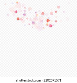 Fondo vectorial de amor cardíaco. Marco de San Valentín. Confeti de corazones rosados. Símbolos de amor dispersos. Forma cardíaca al azar sobre fondo transparente. Hermosa Invitación, Ilustración De Tarjeta De Saludo.