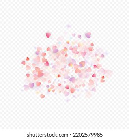 Fondo vectorial de amor cardíaco. Marco de San Valentín. Confeti de corazones rosados. Símbolos de amor dispersos. Forma cardíaca al azar sobre fondo transparente. Hermosa Invitación, Ilustración De Tarjeta De Saludo.