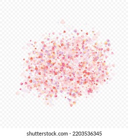 Fondo vectorial de amor cardíaco. Marco de San Valentín. Confeti de corazones rosados. Símbolos de amor dispersos. Forma cardíaca al azar sobre fondo transparente. Hermosa Invitación, Ilustración De Tarjeta De Saludo.