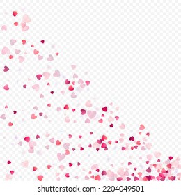 Fondo vectorial de amor cardíaco. Marco de San Valentín. Confeti de corazones rosados. Símbolos de amor dispersos. Forma cardíaca al azar sobre fondo transparente. Hermosa Invitación, Ilustración De Tarjeta De Saludo.