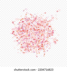 Herzliebe, Vektorhintergrund. Valentinrahmen. Rosa Herzen Konfetti. Gesenkte Liebessymbole. Zufällig fallende Herzform auf transparentem Hintergrund. Schöne Einladung, Grußkartenillustration.