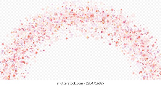 Heart love vector background. Valentine frame. Pink hearts confetti. Scattered love symbols. Random falling heart shape on transparent background. Beautiful Invitation, Greeting Card Illustration.