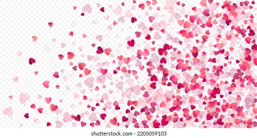 Fondo vectorial de amor cardíaco. Marco de San Valentín. Confeti de corazones rosados. Símbolos de amor dispersos. Forma cardíaca al azar sobre fondo transparente. Hermosa Invitación, Ilustración De Tarjeta De Saludo.