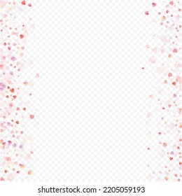 Fondo vectorial de amor cardíaco. Marco de San Valentín. Confeti de corazones rosados. Símbolos de amor dispersos. Forma cardíaca al azar sobre fondo transparente. Hermosa Invitación, Ilustración De Tarjeta De Saludo.