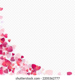 Fondo vectorial de amor cardíaco. Marco de San Valentín. Confeti de corazones rosados. Símbolos de amor dispersos. Forma cardíaca al azar sobre fondo transparente. Hermosa Invitación, Ilustración De Tarjeta De Saludo.