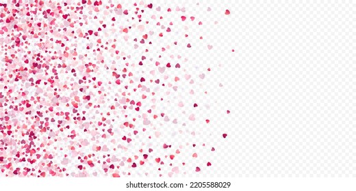 Fondo vectorial de amor cardíaco. Marco de San Valentín. Confeti de corazones rosados. Símbolos de amor dispersos. Forma cardíaca al azar sobre fondo transparente. Hermosa Invitación, Ilustración De Tarjeta De Saludo.