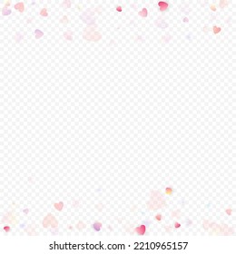 Heart love vector background. Valentine frame. Pink hearts confetti. Scattered love symbols. Random falling heart shape on transparent background. Beautiful Invitation, Greeting Card Illustration.