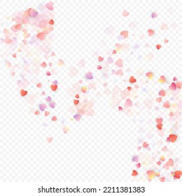 Fondo vectorial de amor cardíaco. Marco de San Valentín. Confeti de corazones rosados. Símbolos de amor dispersos. Forma cardíaca al azar sobre fondo transparente. Hermosa Invitación, Ilustración De Tarjeta De Saludo.