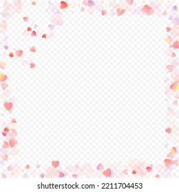 Heart love vector background. Valentine frame. Pink hearts confetti. Scattered love symbols. Random falling heart shape on transparent background. Beautiful Invitation, Greeting Card Illustration.