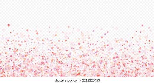 Heart love vector background. Valentine frame. Pink hearts confetti. Scattered love symbols. Random falling heart shape on transparent background. Beautiful Invitation, Greeting Card Illustration.