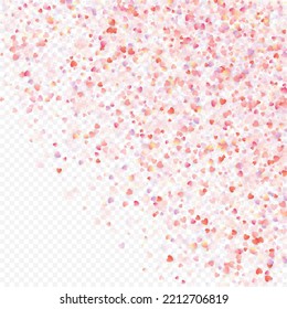 Fondo vectorial de amor cardíaco. Marco de San Valentín. Confeti de corazones rosados. Símbolos de amor dispersos. Forma cardíaca al azar sobre fondo transparente. Hermosa Invitación, Ilustración De Tarjeta De Saludo.
