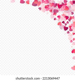 Fondo vectorial de amor cardíaco. Marco de San Valentín. Confeti de corazones rosados. Símbolos de amor dispersos. Forma cardíaca al azar sobre fondo transparente. Hermosa Invitación, Ilustración De Tarjeta De Saludo.