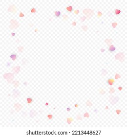 Fondo vectorial de amor cardíaco. Marco de San Valentín. Confeti de corazones rosados. Símbolos de amor dispersos. Forma cardíaca al azar sobre fondo transparente. Hermosa Invitación, Ilustración De Tarjeta De Saludo.