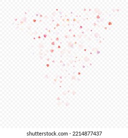 Heart love vector background. Valentine frame. Pink hearts confetti. Scattered love symbols. Random falling heart shape on transparent background. Beautiful Invitation, Greeting Card Illustration.