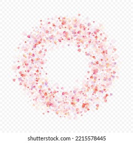 Fondo vectorial de amor cardíaco. Marco de San Valentín. Confeti de corazones rosados. Símbolos de amor dispersos. Forma cardíaca al azar sobre fondo transparente. Hermosa Invitación, Ilustración De Tarjeta De Saludo.