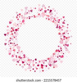 Heart love vector background. Valentine frame. Pink hearts confetti. Scattered love symbols. Random falling heart shape on transparent background. Beautiful Invitation, Greeting Card Illustration.