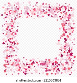 Fondo vectorial de amor cardíaco. Marco de San Valentín. Confeti de corazones rosados. Símbolos de amor dispersos. Forma cardíaca al azar sobre fondo transparente. Hermosa Invitación, Ilustración De Tarjeta De Saludo.