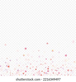 Fondo vectorial de amor cardíaco. Marco de San Valentín. Confeti de corazones rosados. Símbolos de amor dispersos. Forma cardíaca al azar sobre fondo transparente. Hermosa Invitación, Ilustración De Tarjeta De Saludo.