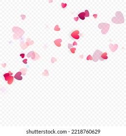 Heart love vector background. Valentine frame. Pink hearts confetti. Scattered love symbols. Random falling heart shape on transparent background. Beautiful Invitation, Greeting Card Illustration.