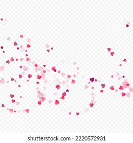 Heart love vector background. Valentine frame. Pink hearts confetti. Scattered love symbols. Random falling heart shape on transparent background. Beautiful Invitation, Greeting Card Illustration.