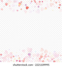 Heart love vector background. Valentine frame. Pink hearts confetti. Scattered love symbols. Random falling heart shape on transparent background. Beautiful Invitation, Greeting Card Illustration.