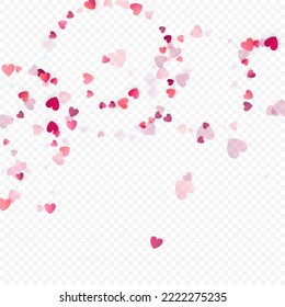Herzliebe, Vektorhintergrund. Valentinrahmen. Rosa Herzen Konfetti. Gesenkte Liebessymbole. Zufällig fallende Herzform auf transparentem Hintergrund. Schöne Einladung, Grußkartenillustration.