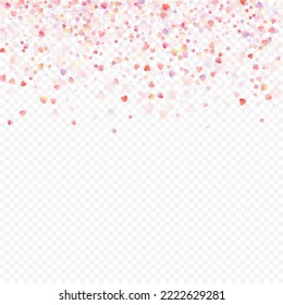 Heart love vector background. Valentine frame. Pink hearts confetti. Scattered love symbols. Random falling heart shape on transparent background. Beautiful Invitation, Greeting Card Illustration.