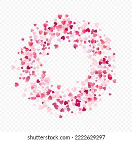 Fondo vectorial de amor cardíaco. Marco de San Valentín. Confeti de corazones rosados. Símbolos de amor dispersos. Forma cardíaca al azar sobre fondo transparente. Hermosa Invitación, Ilustración De Tarjeta De Saludo.