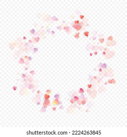 Fondo vectorial de amor cardíaco. Marco de San Valentín. Confeti de corazones rosados. Símbolos de amor dispersos. Forma cardíaca al azar sobre fondo transparente. Hermosa Invitación, Ilustración De Tarjeta De Saludo.