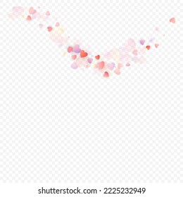 Heart love vector background. Valentine frame. Pink hearts confetti. Scattered love symbols. Random falling heart shape on transparent background. Beautiful Invitation, Greeting Card Illustration.