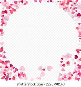 Heart love vector background. Valentine frame. Pink hearts confetti. Scattered love symbols. Random falling heart shape on transparent background. Beautiful Invitation, Greeting Card Illustration.