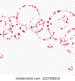 Herzliebe, Vektorhintergrund. Valentinrahmen. Rosa Herzen Konfetti. Gesenkte Liebessymbole. Zufällig fallende Herzform auf transparentem Hintergrund. Schöne Einladung, Grußkartenillustration.