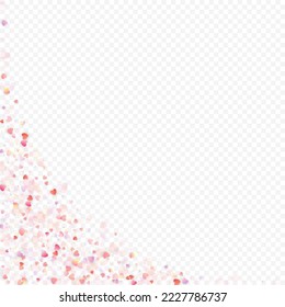 Fondo vectorial de amor cardíaco. Marco de San Valentín. Confeti de corazones rosados. Símbolos de amor dispersos. Forma cardíaca al azar sobre fondo transparente. Hermosa Invitación, Ilustración De Tarjeta De Saludo.