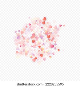 Fondo vectorial de amor cardíaco. Marco de San Valentín. Confeti de corazones rosados. Símbolos de amor dispersos. Forma cardíaca al azar sobre fondo transparente. Hermosa Invitación, Ilustración De Tarjeta De Saludo.
