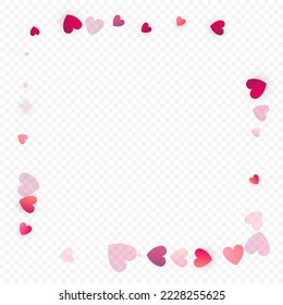 Fondo vectorial de amor cardíaco. Marco de San Valentín. Confeti de corazones rosados. Símbolos de amor dispersos. Forma cardíaca al azar sobre fondo transparente. Hermosa Invitación, Ilustración De Tarjeta De Saludo.