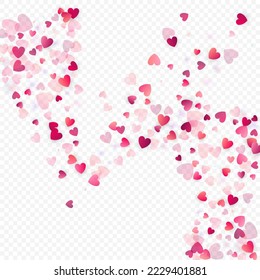 Fondo vectorial de amor cardíaco. Marco de San Valentín. Confeti de corazones rosados. Símbolos de amor dispersos. Forma cardíaca al azar sobre fondo transparente. Hermosa Invitación, Ilustración De Tarjeta De Saludo.