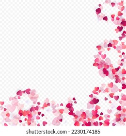 Heart love vector background. Valentine frame. Pink hearts confetti. Scattered love symbols. Random falling heart shape on transparent background. Beautiful Invitation, Greeting Card Illustration.